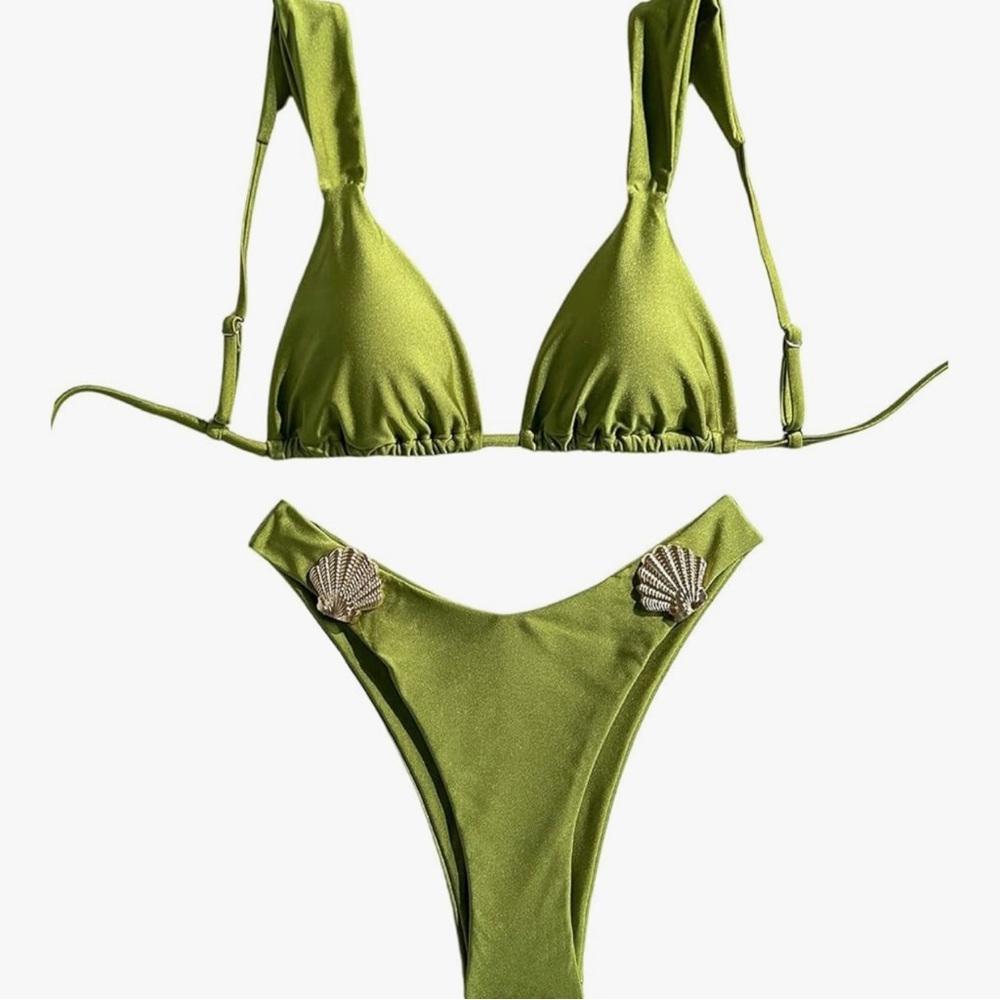 Olive Green Shell-Embellished Triangle Bikini - Women Swim